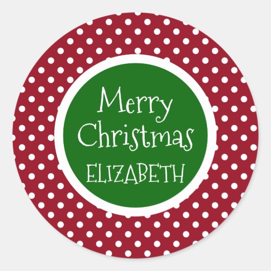 Rot-Weiß-Polka-Dose mit Personalisiertem Grün Runder Aufkleber (Vorderseite)