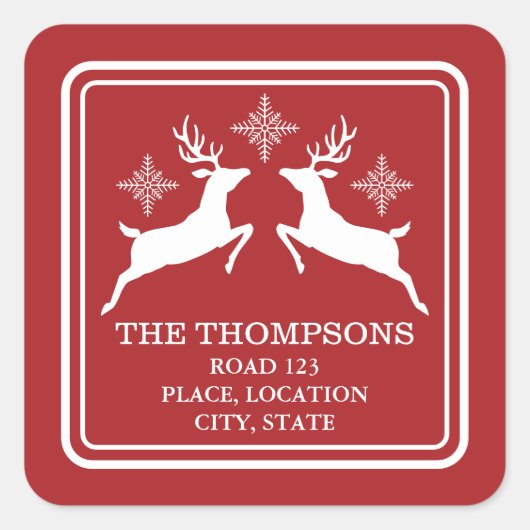 Rot-Weiß-Rentiere mit Schneeflocken und Text Quadratischer Aufkleber (Vorderseite)