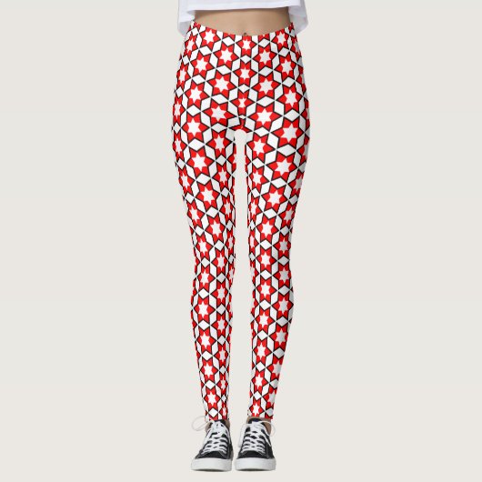 Rot-Weiß-Schwarz-Star-Muster Leggings (Vorderseite)