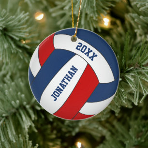 Rot-Weiß-Sportteam spielt Volleyball Keramik Ornament