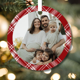 Rot-Weiß-Tartan-Karo-Familienfoto-Ornament Ornament Aus Metall