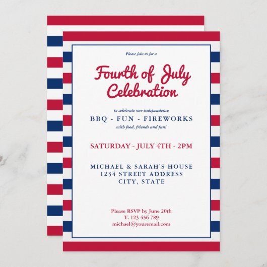 Rot Weiß und Blau 4. Juli Einladung (Vorne/Hinten)