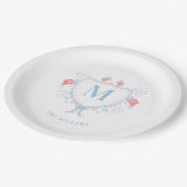 Rot, Weiß und Blau 4. Juli Monogramm Wappen Pappteller (Schrägansicht)