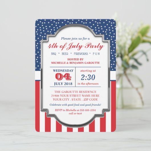 Rot, Weiß und Blau 4. Juli Party Einladung (Stehend Vorderseite)