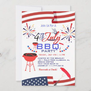 Rot Weiß und Blau BBQ Feuerwerk 4. Juli Party Einladung