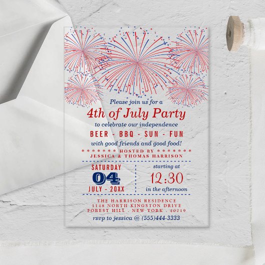 Rot, Weiß und Blau Feuerwerk 4. Juli Party Acryleinladungen