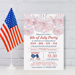 Rot, Weiß und Blau Feuerwerk 4. Juli Party Einladung