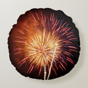 Rot, Weiß und Blau Feuerwerk I Patriotisch Rundes Kissen