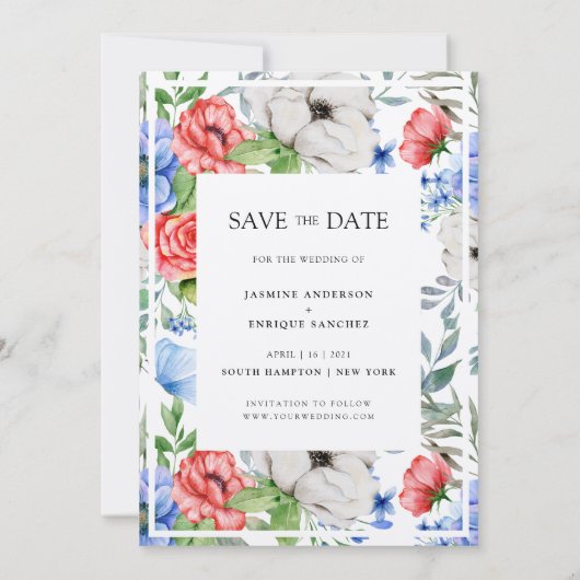 Rot weiß und Blau | Floral Save the Date Invitati Einladung (Rückseite)