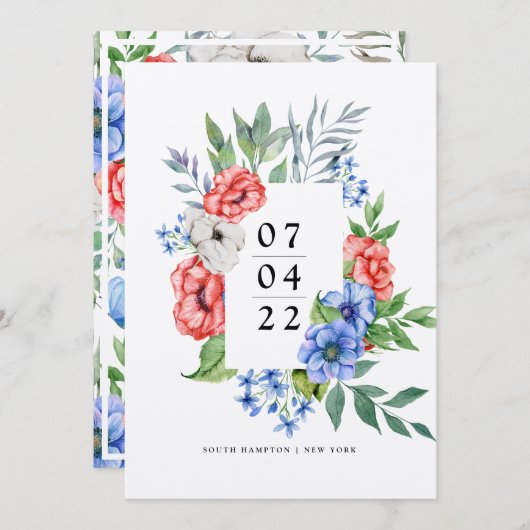 Rot weiß und Blau | Floral Save the Date Invitati Einladung (Vorne/Hinten)
