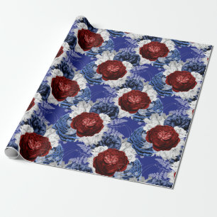 Rot, Weiß und Blau Florales USA-Muster Geschenkpapier