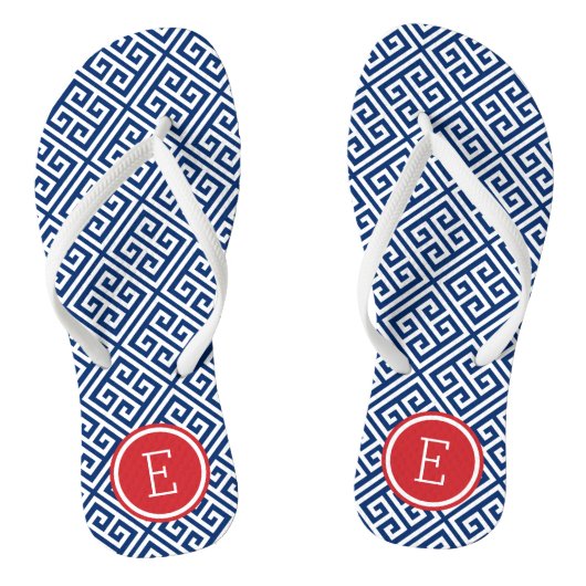 Rot-Weiß- und Blau-Griechenlandschlüsselmonogramm Badesandalen (Fußbett)