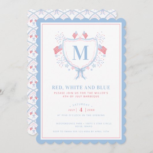Rot, Weiß und Blau GRILLEN 4. Juli Monogramm Wappe Einladung (Vorne/Hinten)