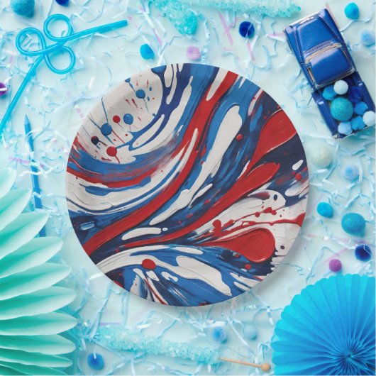 Rot weiß und blau lackierte Pour Swirl Pappteller (Party)