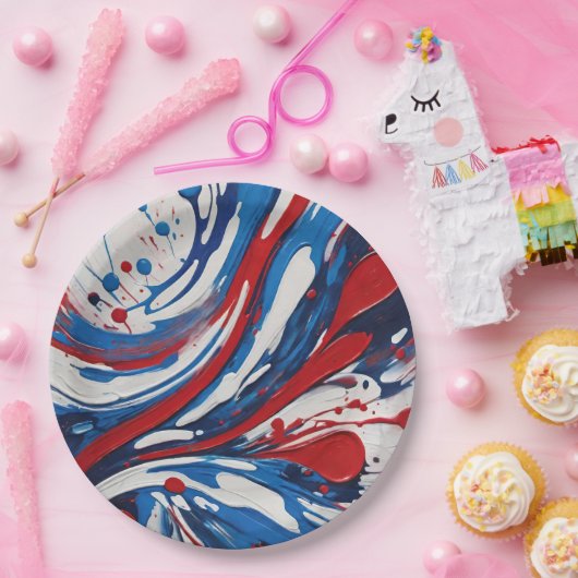 Rot weiß und blau lackierte Pour Swirl Pappteller (Party)