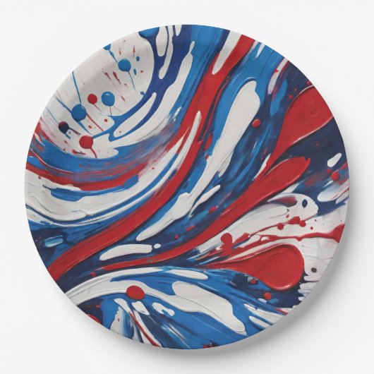 Rot weiß und blau lackierte Pour Swirl Pappteller (Vorderseite)