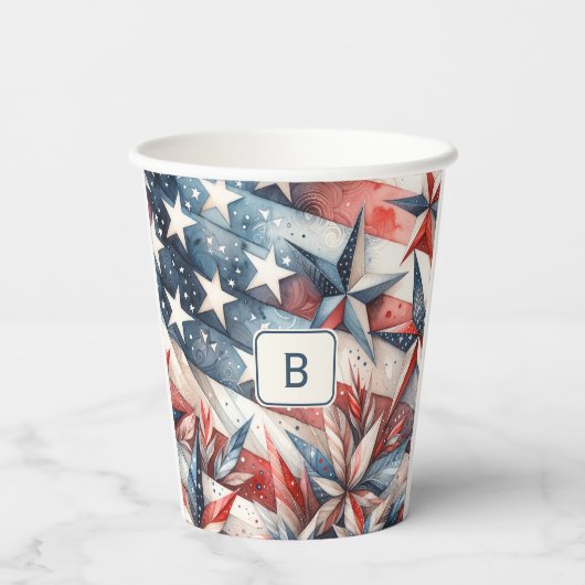 Rot-Weiß und Blau-Monogramm Pappbecher (Rückseite)