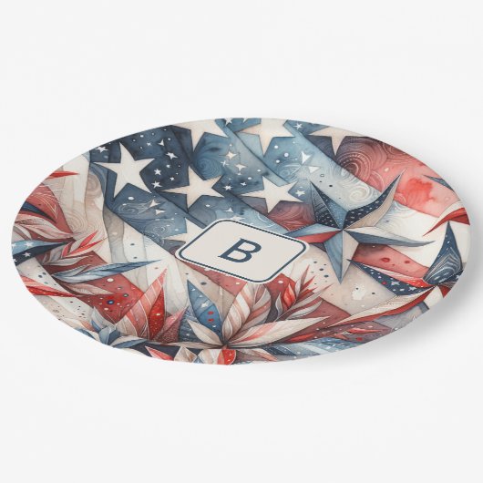 Rot weiß und Blau Pappteller (Schrägansicht)