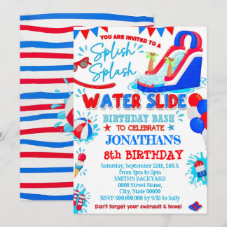 Rot Weiß und Blau Spritz Spritz Wasserrutsche Gebu Einladung