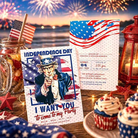 Rot, Weiß und Blau Uncle Sam 4. Juli Party Einladung