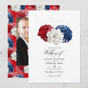 Rot Weiß und Blau USA Amerikanisches Hochzeitsfoto Einladung
