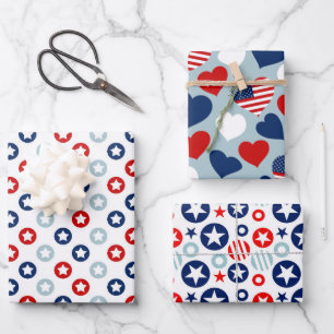 Rot, Weiß und Blau USA Sterne und Streifen Muster Geschenkpapier Set