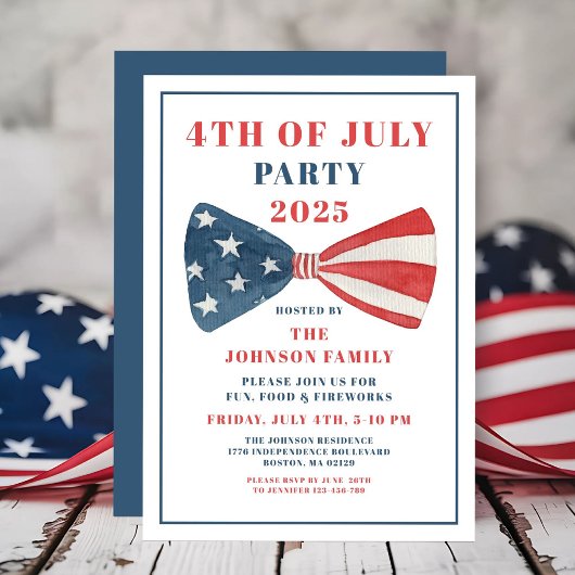 Rot, Weiß und Blauer Bow 4. Juli Einladung