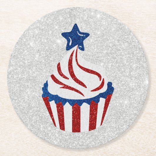 Rot, Weiß und Blauer Cupcake 4. Juli Glitzer Runder Pappuntersetzer (Vorderseite)