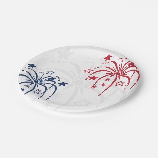 Rot-Weiß- und Blauer Feuerwerk 4. Juli Party Pappteller (Schrägansicht)
