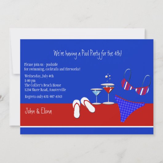 Rot, Weiß und Blauer Pool Party Einladung (Vorderseite)
