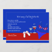 Rot, Weiß und Blauer Pool Party Einladung (Vorne/Hinten)