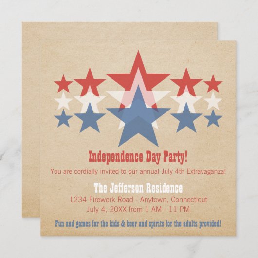 Rot, Weiß und Blue Star Cascade 4. Juli Einladung (Vorne/Hinten)
