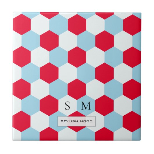 Rot, Weiß und Blues Hexagons Monogramm Fliese (Vorderseite)