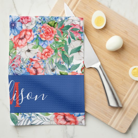 Rot-Weiß- und Blütenmonogramm am 4. Juli Geschirrtuch (Viertel Falte)