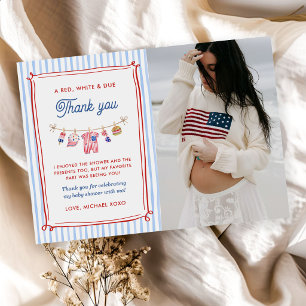 Rot, Weiß und Fällig 4. Juli Baby Shower Foto Dankeskarte