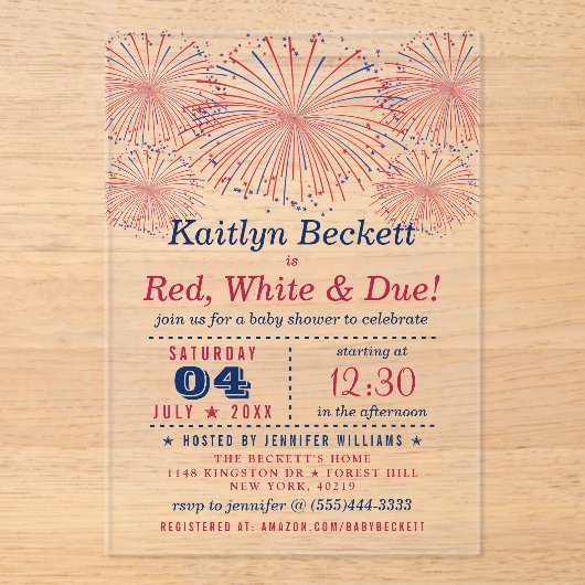 rot, weiß und fällig | 4. Juli Babydusche Acryleinladungen (Vorderseite)