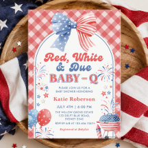 Rot Weiß und Fällig Baby-Q Babyparty-Einladung