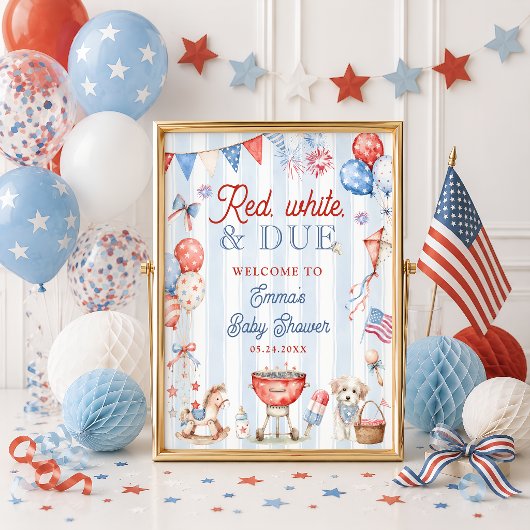 Rot Weiß und Fällig Baby Shower Willkommen Poster