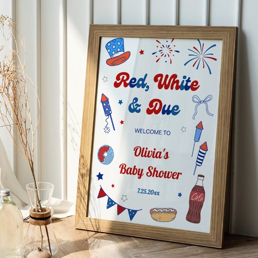 Rot Weiß und Fällig Babyparty Willkommen Poster