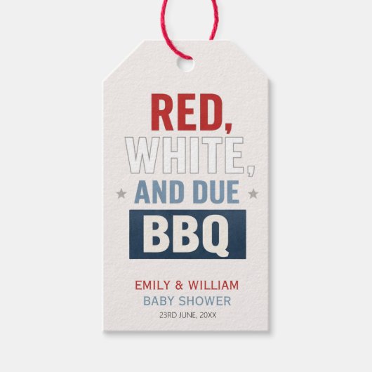 Rot Weiß und fällig BBQ Baby Shower Geschenkanhänger (Vorderseite)
