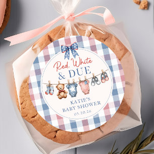 Rot Weiß und Fällige Wäscheleine Baby Shower Aufkl Runder Aufkleber