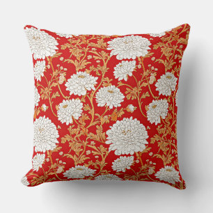 Rot Weiß und Gold Japanische Chrysantheme Blumen Kissen
