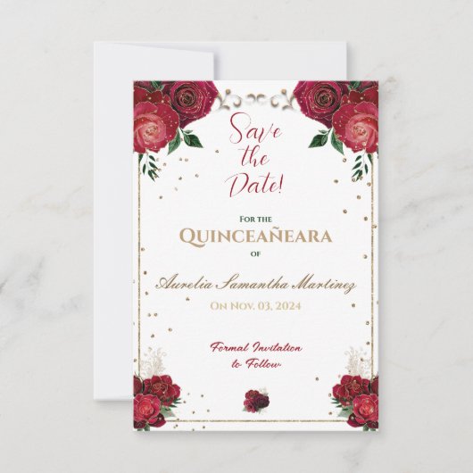 Rot, Weiß und Gold Quinceñera Save the Date (Vorderseite)