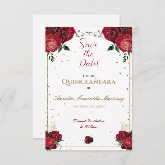 Rot, Weiß und Gold Quinceñera Save the Date (Vorne/Hinten)