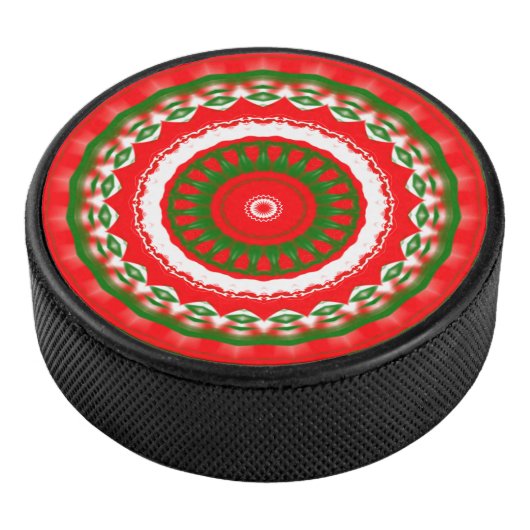 Rot, Weiß und Grün Mandala Eishockey Puck (3/4)