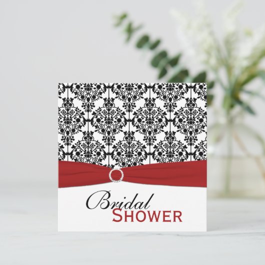 Rot, Weiß und Schwarz-Damast-Brautparty laden ein Einladung (Stehend Vorderseite)