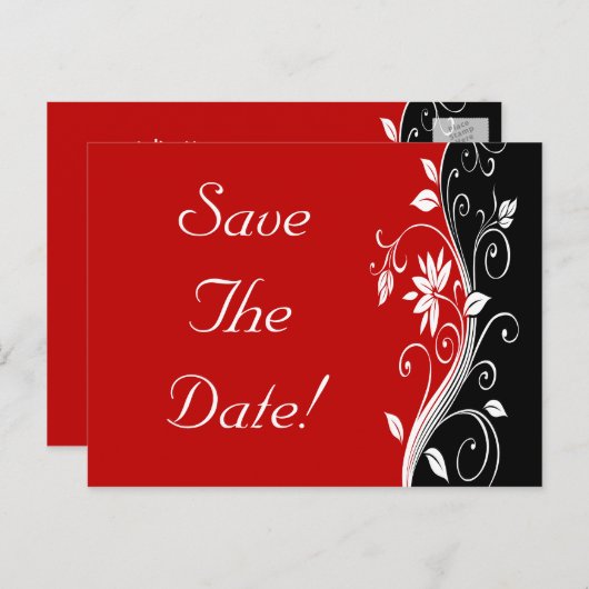 Rot-Weiß- und Schwarz-Flora-Hochzeit retten das Da Ankündigungspostkarte (Vorne/Hinten)