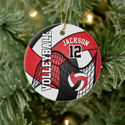 Rot, Weiß und Schwarz Personalisieren Volleyball � Keramikornament (Baum)