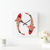 Rot, Weiß und Schwarzer Koi Fisch Quadratische Wanduhr (Zuhause)