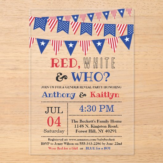 Rot, Weiß und Wer? 4. Juli Party über geschlechtss Acryleinladungen (Vorderseite)